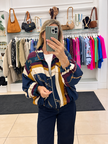 Navy Chain Detail Silky Feel Bomber