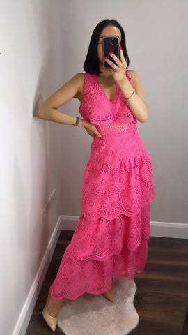 Katlyn Tiered Pink Lace Dress