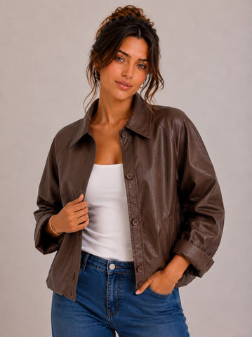 Chocolate Faux-Leather Bomber