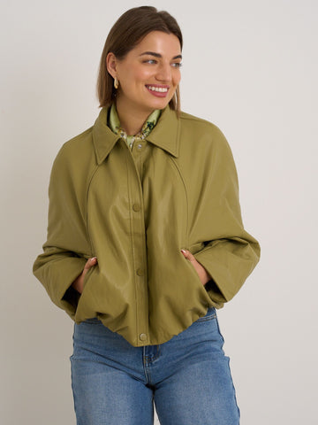 Green Faux-Leather Bomber