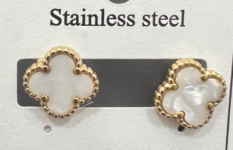 Gold/White Shamrock Stud Earrings
