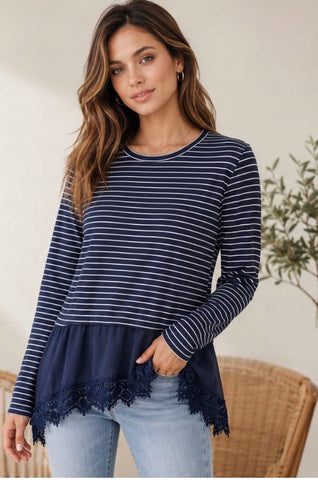 Lace Stripe Navy Top